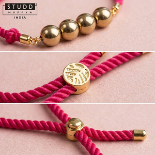Sharp macro detail crops of the Grounded Grace Rakhi beads, charm and slider