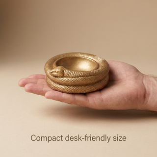 Serpent money bowl shown in hand to convey its compact desk-friendly size