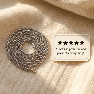 Silver rope chain necklace with a five-star customer review