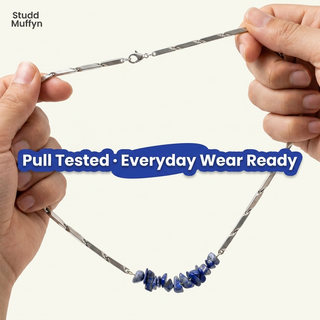 Lapis Lazuli necklace chain held taut in a strength and everyday-wear test