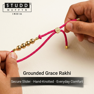 Adjustable slider and knot of the Grounded Grace Rakhi shown held taut to prove secure everyday wear