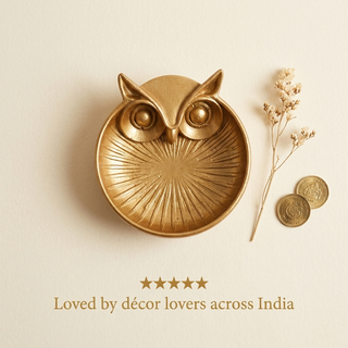 Golden owl money bowl styled with space for a five-star customer review