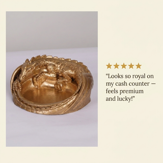 Customer review card featuring the antique gold dragon money bowl with a five-star rating