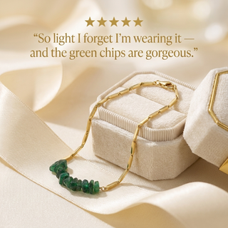 Five-star review styled image of the Green Aventurine gold rice chain bracelet