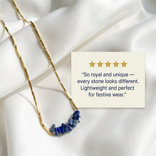 Five-star customer review card beside the Lapis Lazuli rice chain pendant necklace