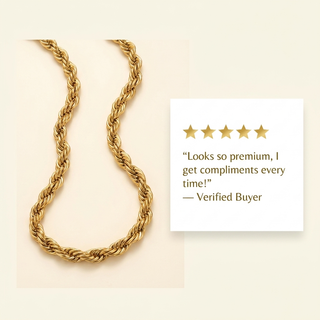 Five-star customer review card featuring the gold-toned rope chain
