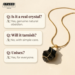Clean FAQ card layout answering three quick questions about the obsidian necklace