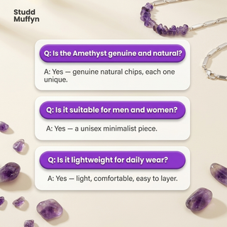 FAQ cards answering common questions about the amethyst necklace