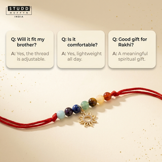 FAQ cards about the Sunshine 7 Chakra Rakhi