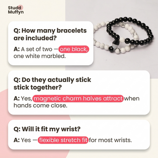 FAQ card layout for the magnetic couple bracelet set