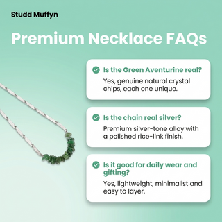 FAQ cards about the Green Aventurine crystal rice chain necklace