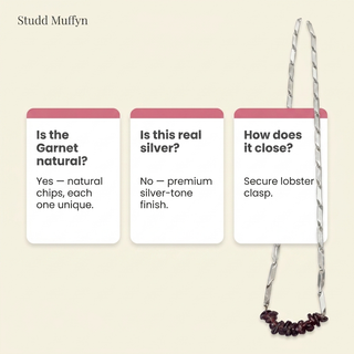 FAQ cards about the Garnet necklace