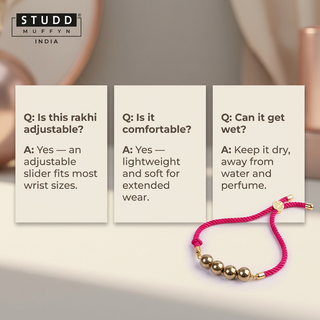FAQ card layout answering fit, comfort and care questions about the Grounded Grace Rakhi