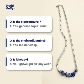 FAQ cards answering common questions about the Lapis Lazuli necklace