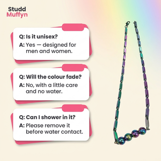 FAQ card layout for the Prism Hematite Rice Chain Necklace