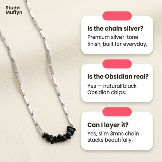 FAQ cards answering common questions about the Obsidian necklace