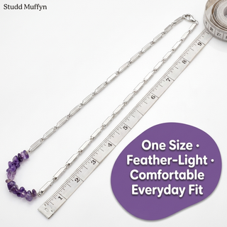 Amethyst necklace on a soft measuring-tape frame highlighting lightweight one-size fit