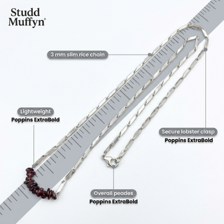Necklace on a tape-measure frame with chain detail callouts