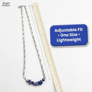Lapis Lazuli necklace on a clean measuring frame showing adjustable fit