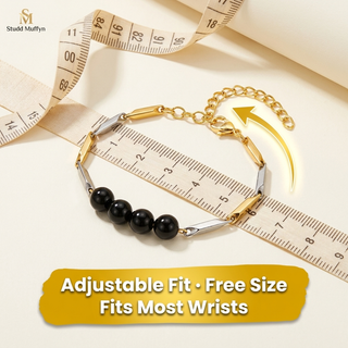 Black Obsidian bracelet on a tape-measure frame highlighting adjustable free-size fit
