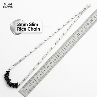 Rice chain shown on a clean scale with the 3mm link width called out