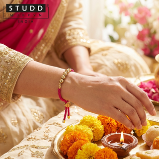 Grounded Grace Rakhi worn on a woman's wrist in a bright airy festive setting