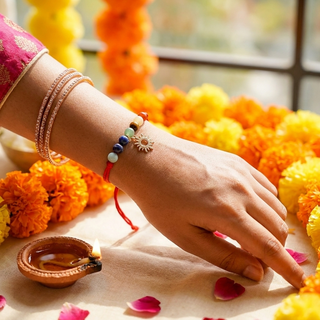 Woman's wrist wearing the Sunshine 7 Chakra Rakhi in a festive setting