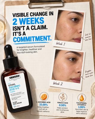 Visible change in 2 weeks: week 1 dull uneven skin tone vs week 2 brighter more even-toned skin with the Vitamin C glow serum