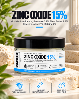 Studd Muffyn Zinc Oxide 15% Glow Cream with SPF 30, 50g, with Niacinamide 4%, Shea Butter, Beeswax, Aloe Vera and Betaine: protects from UV damage, enhances natural skin glow, brightens skin tone