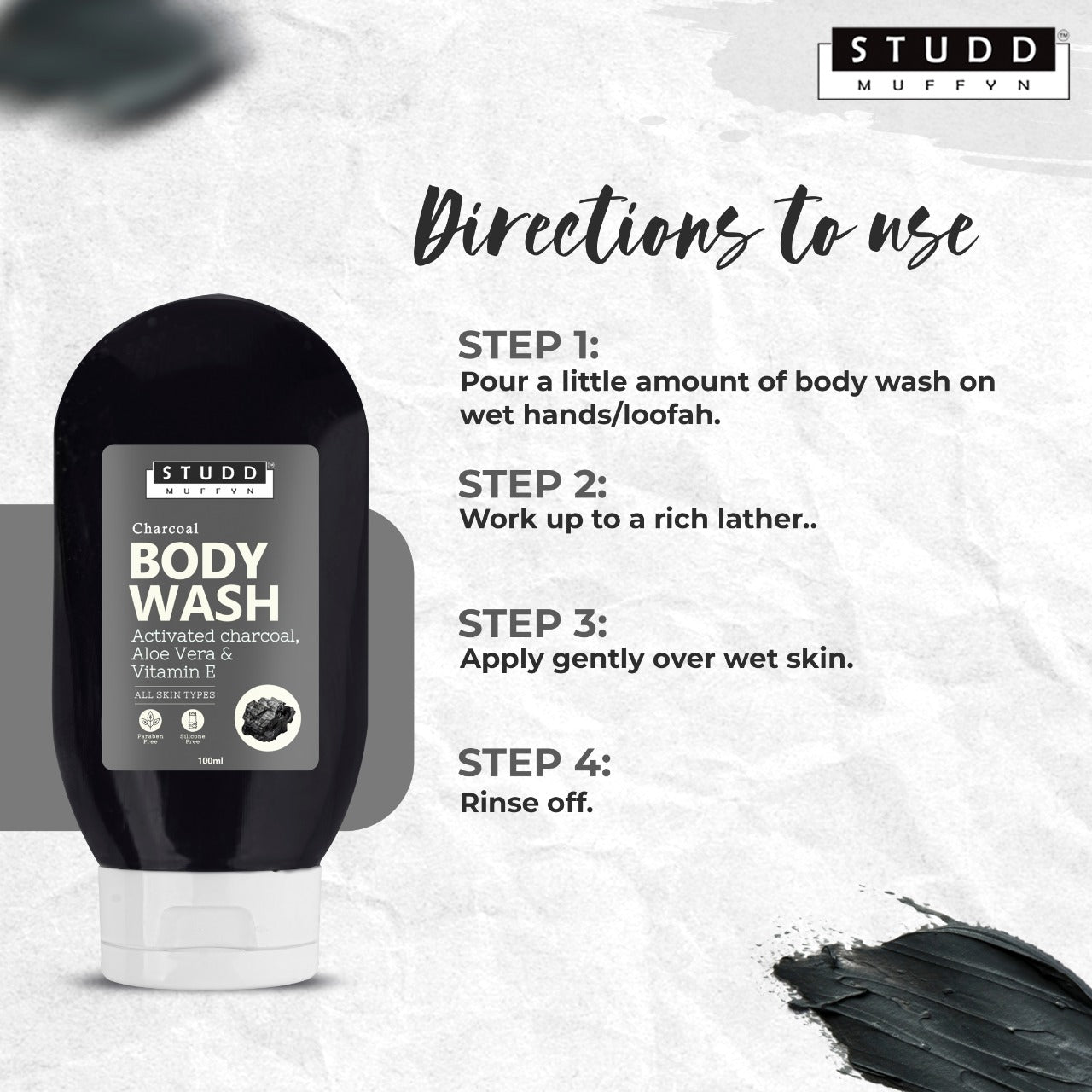 Studd Muffyn Charcoal Body Wash with Activated Charcoal, Aloe Vera & Vitamin-E for Men and Women- 100ml