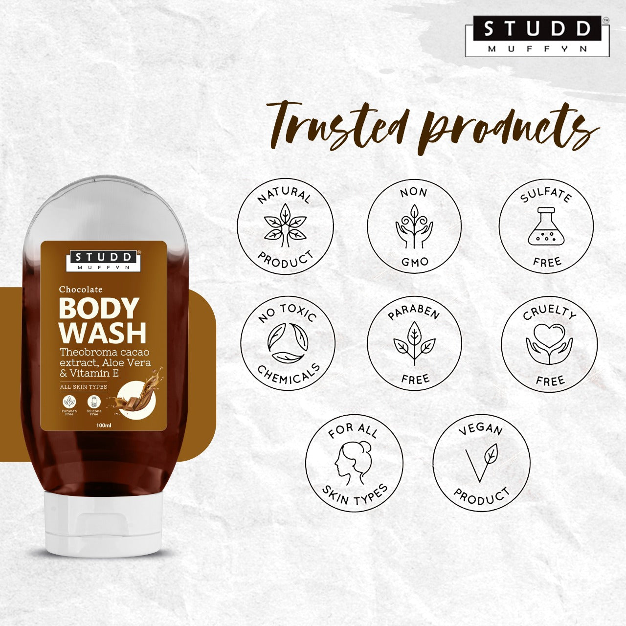 Studd Muffyn Chocolate Body Wash with Cacao, Aloe Vera & Vitamin-E  for Men and Women- 100ml