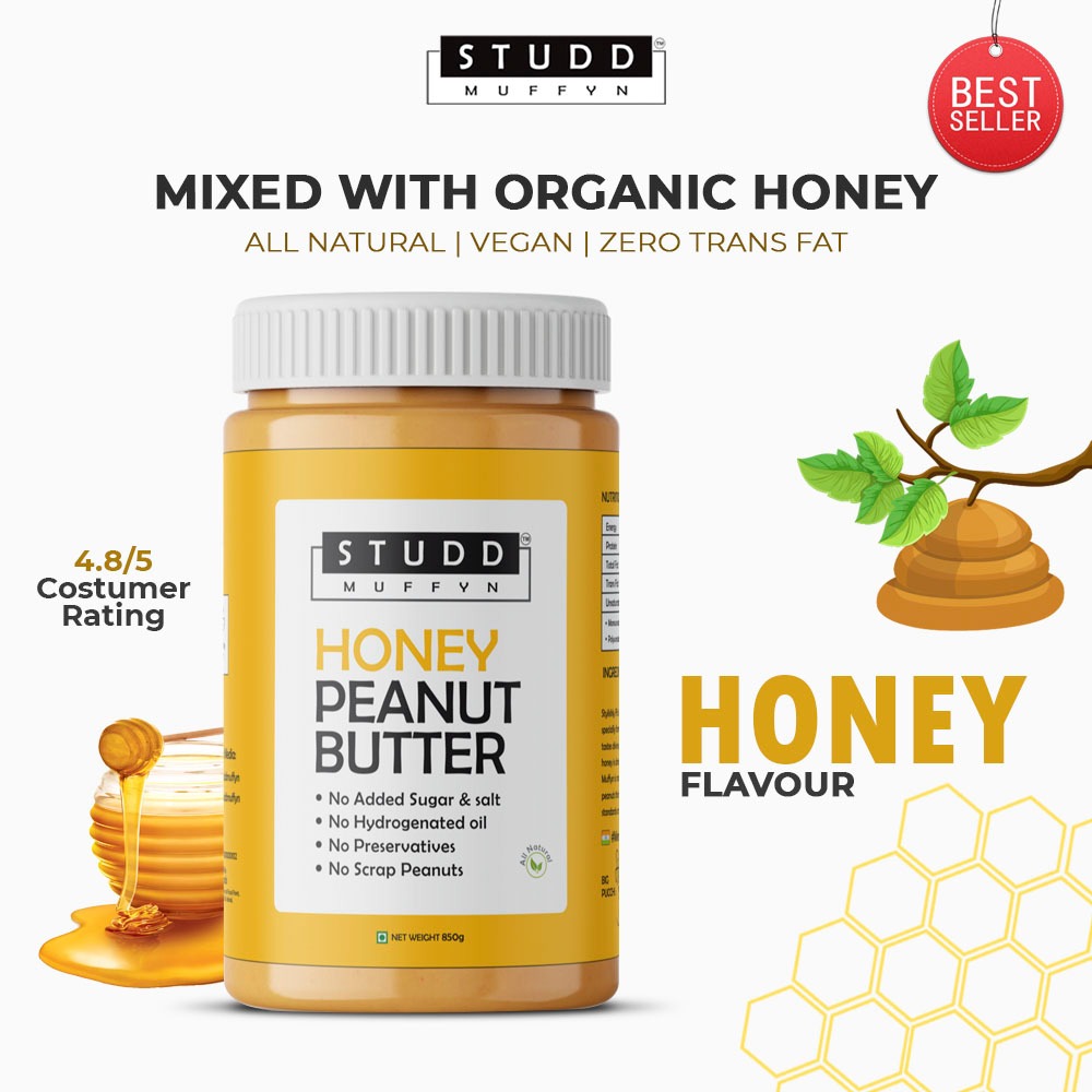 Studd Muffyn All Natural Honey Peanut Butter-850 gm | 27% Protein | Pure honey | Gluten Free| Cholesterol Free