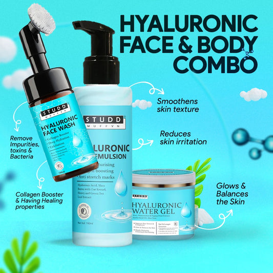 Studd Muffyn Hyaluronic Face and Body Combo- Hyaluronic Gel (100 ML), Hyaluronic  Foaming Face Wash (100 ml) and Hyaluronic Body Emulsion (100ml)