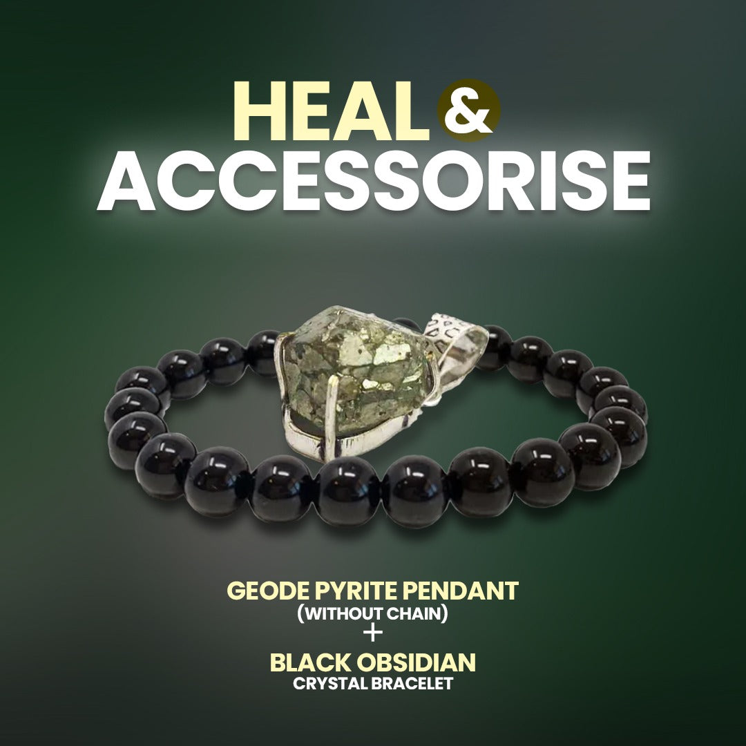 Heal & Accessorise ( Pyrite Geode Pendant & Black Obsidian Bracelet )