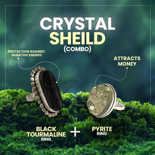 Crystal Shield (  Pyrite Geode adjustable ring to fit all sizes &  Black Tourmaline Ring )
