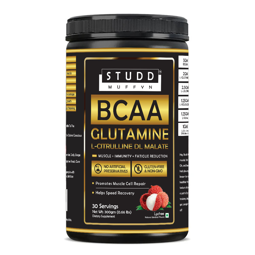 Studd Muffyn BCAA Glutamine (Lychee ) for Muscle, immunity, Fatigue Reduction (300 gram)