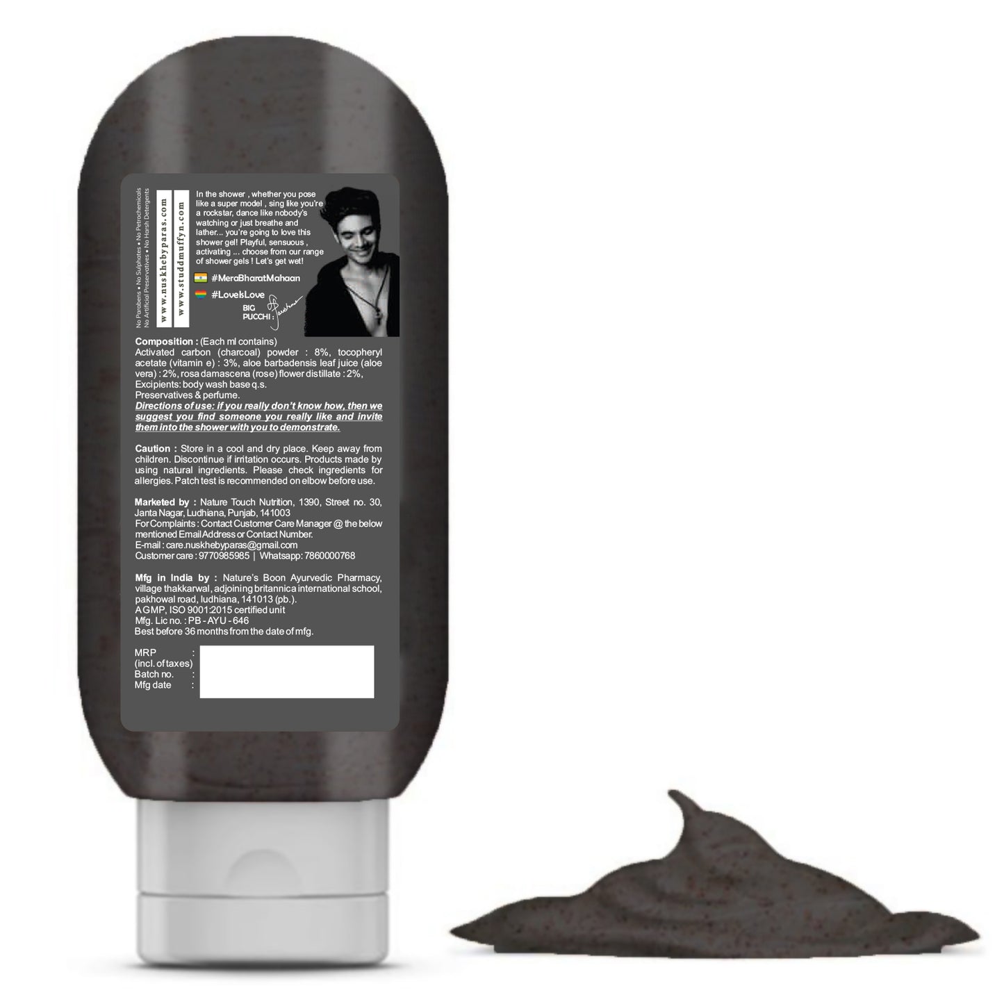 Studd Muffyn Charcoal Body Wash with Activated Charcoal, Aloe Vera & Vitamin-E for Men and Women- 100ml