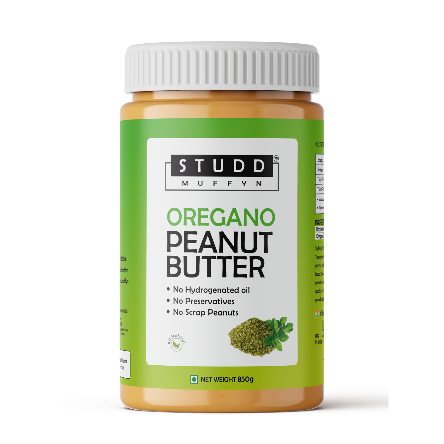 Studd Muffyn All Natural Oregano Peanut Butter-850gm | 25% Protein | Delicious Oregano | Non GMO | Vegan | Gluten Free| Cholesterol Free