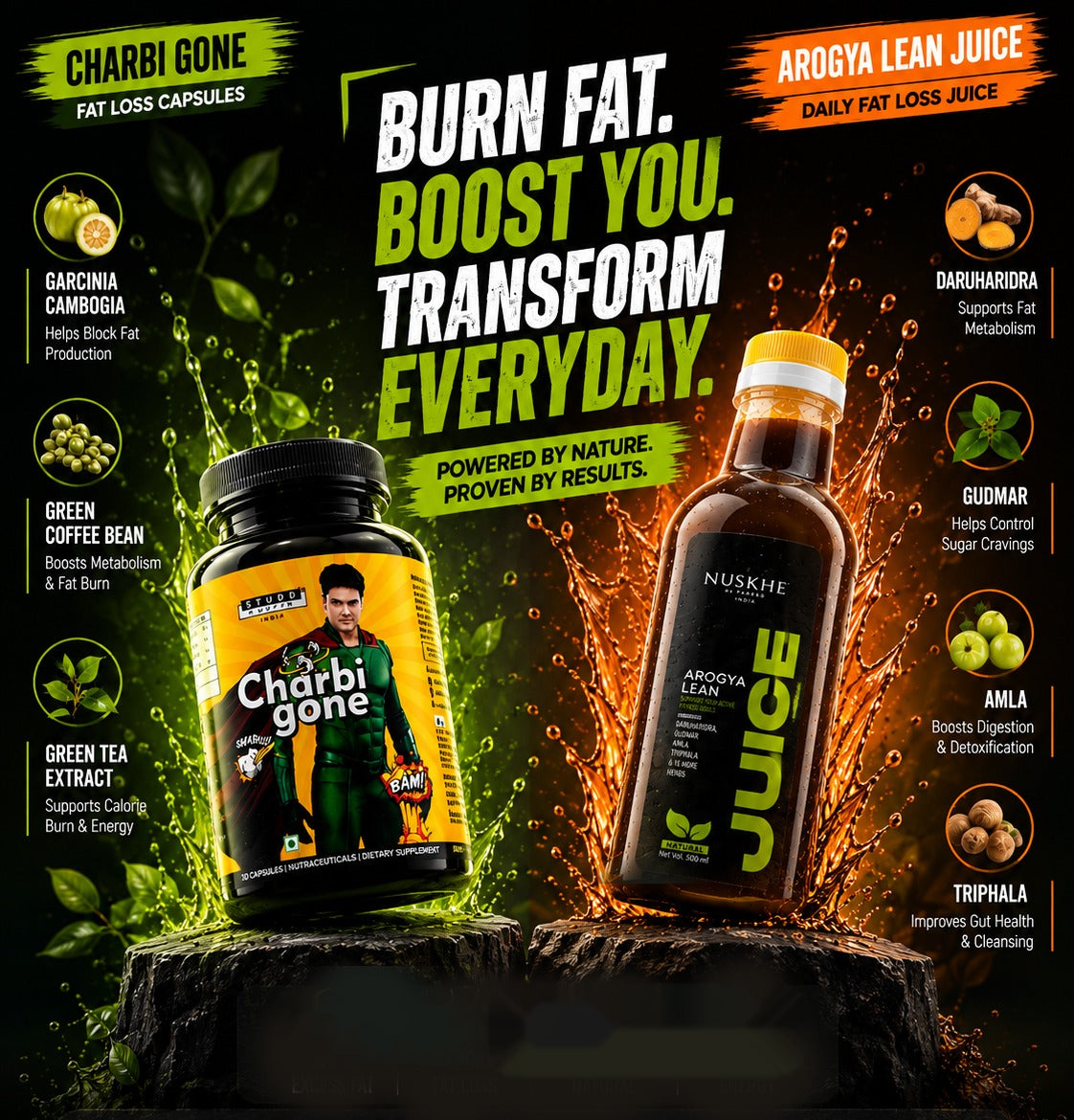 Charbi Gone capsules and Arogya Lean Juice combo — advanced fat management, ₹749