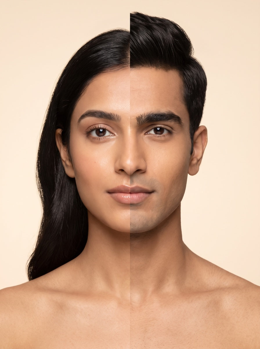 Unisex face map — every product card points to the spot it treats